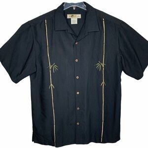 Joe Marlin Black Embroidered Hawaiian Short Sleeve Shirt Size L Bamboo Vacation
